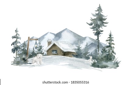 Watercolor winter illustration with forest landscape, village, houses, mountain, bear, pine tree, snow. Christmas card with cute animal and nature - Powered by Shutterstock