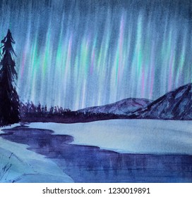 Watercolor Winter Landscape Aurora Sky. River In Snow Forest