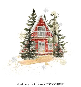 Watercolor winter landscape. Hand painted christmas forest with cozy red house, fir tree, snow, snowflakes. New year forest. illustration for card design, print. Landscape - Powered by Shutterstock