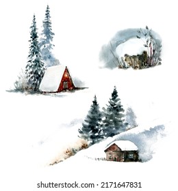 Watercolor Winter Landscape Illustration. Winter Country Landscape, Winter Trees