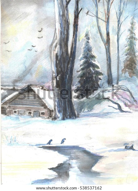 Watercolor Winter Landscape Old House Woods Stock Illustration