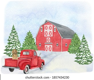 Watercolor winter landscape with red barn, tree, snow, red truck. Farmhouse illustration perfect for  Christmas and New Year project, invitations, greeting cards. Watercolor holiday illustration. 