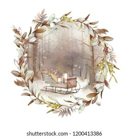 Watercolor Winter Landscape: Snowy Forest Scene With Sleigh And Glowy Lamps. Hand Painted Vintage Round Vignette With Floral Wreath.