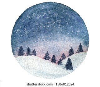 watercolor winter landscape with trees and blue night sky, winter globe design with starry night sky, watercolor christmas background isolated on white - Powered by Shutterstock