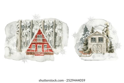 Watercolor winter landscape, village. Hand painted christmas forest with cozy houses, fir tree, snow, snowflakes, fir tree. New year forest illustration for card design, print, poster - Powered by Shutterstock