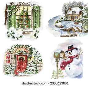 Watercolor Winter Scene Clipart. Christmas Season Illustrations. Winter Landscape Background. Snowman, Christmas Window, Door, Winter Cottage Art. 
