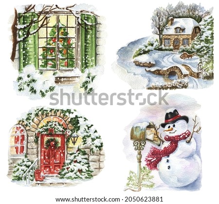 Watercolor Winter Scene Clipart. Christmas Season Illustrations. Winter Landscape Background. Snowman, Christmas Window, Door, Winter Cottage Art. 
