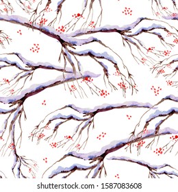 Watercolor winter seamless pattern and tree branches covered and snow  red berries  Natural Christmas texture white background 