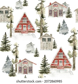 Watercolor Winter Seamless Pattern Of Village Landscape. Hand Painted Christmas Forest With Cozy House, Home, Fir Tree, Snow. New Year Wild Forest. Illustration For Card Design, Print, Textile.