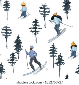 Watercolor Winter Seamless Patterns, Winter Sportspersons Pattern, People Skiing In Forest, Black Family