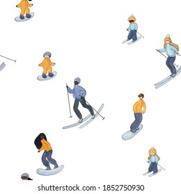 Watercolor Winter Seamless Patterns, Winter Sportspersons Pattern, People Skiing In Forest, Black Family