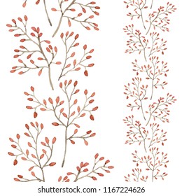 Watercolor Winter Seasons Seamless Border With Twigs And Berries, Christmas Design For Wallpaper, Celebrations, Banners, Wedding Invitations. 