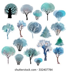 Watercolor Winter Set Of Trees