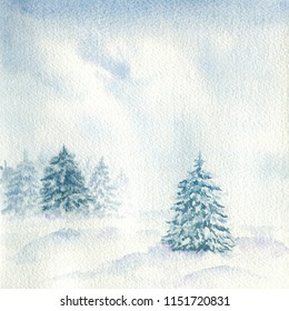 Watercolor Winter Snow Field Christmas Trees Stock Illustration ...