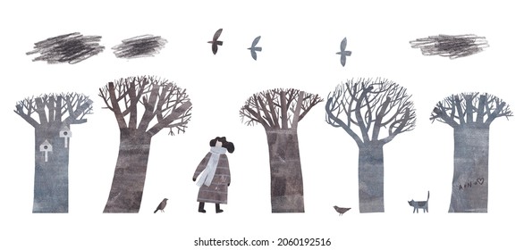 Watercolor winter trees, isolated illustration of trees, girl, cat, birds and clouds. Winter trees without foliage. Walk in the park. Girl among the trees.