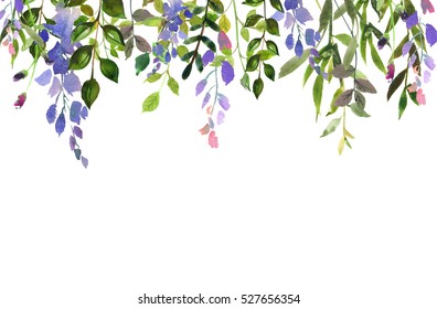 Watercolor Wisteria Purple Flowers Green Leaves Berries Backdrop Photo Frame Border Watercolor Isolated On White Background.