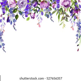 Watercolor wisteria purple  flowers  leaves berries backdrop  photo frame border arch isolated on white background.
