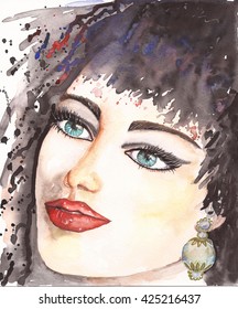 Watercolor Woman Portrait With Cleopatra Make Up, Blue Eyes, Red Lips, Pearl Glass Earring Jewels. Beautiful Fashion Girl With Handmade Brush Painting, Hand Drawn Illustration Art. Original Artistic.