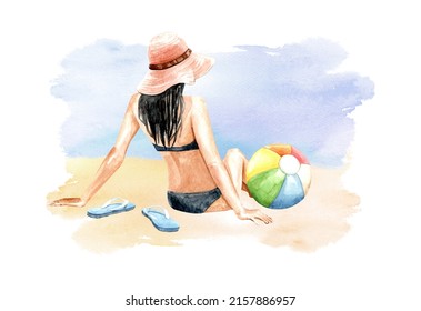 Watercolor women on beach, Hello summer, bikini paint, Girl paint, Women drawing, Summer party, clipping path isolated on white background.