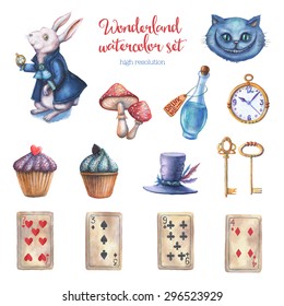 Watercolor wonderland set. Hand drawn vintage illustrations. Fairy tale design elements isolated on white background.