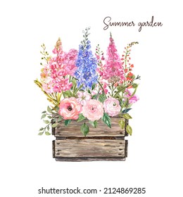 Watercolor wood box planter with spring pink and blue flowers, hand painted garden themed illustration. Decorative floral wooden pot. Greeting card design. Rustic style arrangement. - Powered by Shutterstock