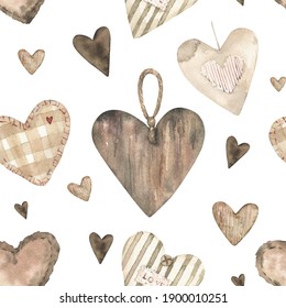 Watercolor wood hearts seamless pattern for Valentines Day paper design.