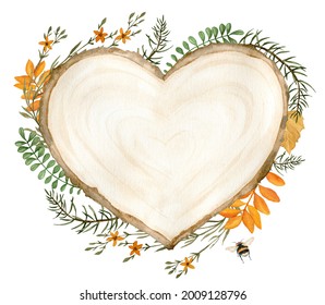 Watercolor Wood Slice Heart Fall Composition With Greenery, Yellow Flowers, Leaves And Bumble Bee, Hand Drawn Autumn Clipart For Thanksgiving Greeting Cards, Invitations, Postcards