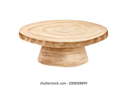 Watercolor wood table illustration. Hand drawn brown round wooden slice with table-leg, dinner table, rustic cake stand. Object isolated on white background