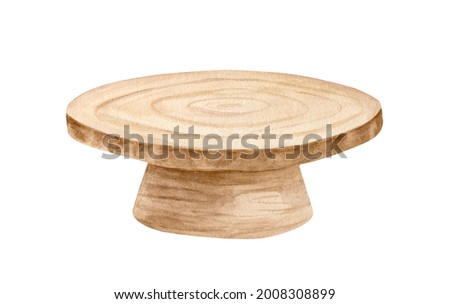 Watercolor wood table illustration. Hand drawn brown round wooden slice with table-leg, dinner table, rustic cake stand. Object isolated on white background