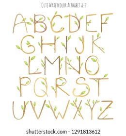 Watercolor wooden alphabet with green leaves. Spring botanical collection