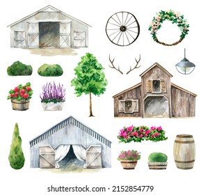 Watercolor Wooden Barn, Rustic Wedding Clipart, Farmhouse Logo, Garden Flowers, Hand Painted