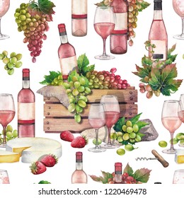 Watercolor Wooden Box Of Bottle And Red White Grapes, Rose Wine Glasses, Cheese And Strawberries. Kitchen Still Life. Hand Painted Seamless Pattern