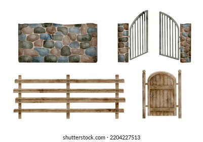 Watercolor Wooden Fence And Stone Brick Wall With Gates Set. Hand Drawn Country House Palisade Isolated On White Background. Timber Border For Farm Landscape. Countryside Fencing