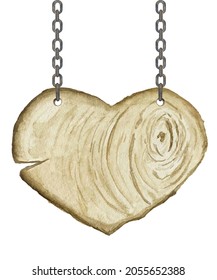 Watercolor wooden heart slice with chain. Watercolor peace of a tree in the form of a heart. wooden sign in heart form and a wood slice.  Natural heart forms watercolor with beautiful texture