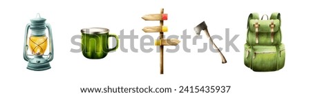 Watercolor wooden sign illlustration with hiking, camping backpack, metal green cup, axe and oil kerosene lantern. Direction indicators with arrow isolated on white background. Clip art for designers,