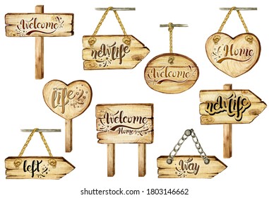 Watercolor Wooden Signboards Blank Isolated With Lettering Phrases. Set Of Vintage Old, Retro Hand Painted Wood Banners, Planks, Board, Heart, Oval, Arrow.