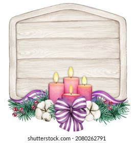 Watercolor Wooden Tag With Purple Advent Candle Decoration