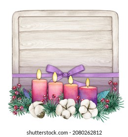 Watercolor Wooden Tag With Purple Advent Candle Decoration