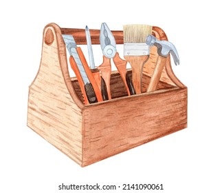 Watercolor wooden toolbox isolated on white background - Powered by Shutterstock