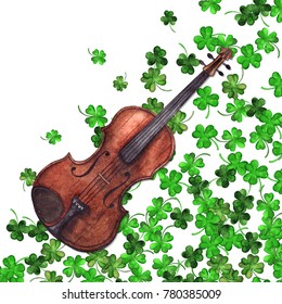 Watercolor wooden vintage violin fiddle musical instrument clover shamrock leaf plant pattern background