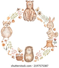 Watercolor Woodland Animal Wreath, Boho Owl, Bear, Rabbit And Hedgehog Frame Illustration, Botanical Frame With Cute Animal. Nursery Woodland Clipart Frame. Boho Animals For Baby Shower Invitation