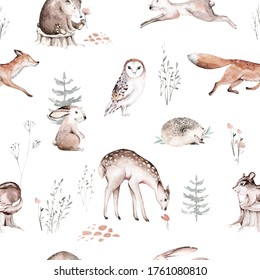 Watercolor Woodland Animals Seamless Pattern. Fabric Wallpaper Background With Owl, Hedgehog, Fox And Butterfly, Bunny Rabbit Set Of Forest Squirrel And Chipmunk, Bear And Bird Baby Animal Nursery