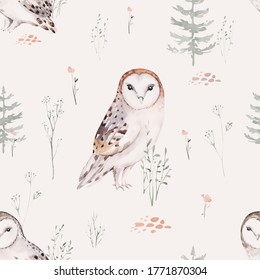 Watercolor Woodland animals seamless pattern. Fabric wallpaper background Owl, hedgehog, fox and butterfly, Bunny rabbit forest squirrel and chipmunk, bear and bird baby animal, Scandinavian Nursery