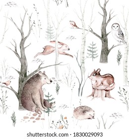 Watercolor Woodland animals seamless pattern. Fabric wallpaper background with Owl, hedgehog, fox and butterfly, Bunny rabbit set of forest squirrel and chipmunk, bear  bird baby animal, Scandinavian