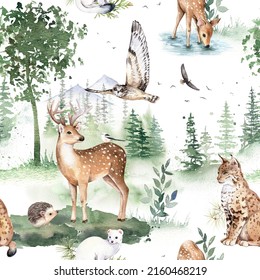 Watercolor woodland animals seamless pattern, cute deer, owl, lynx, hedgehog, ermine. Hand drawn illustration.  Forest landscape, nursery design for print, postcard, greeting card, textile, wrapping 