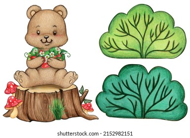 Watercolor Woodland Baby Animal On A Tree Stump