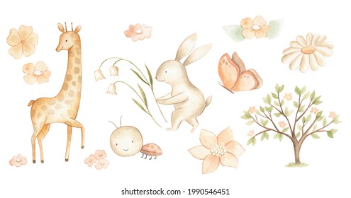 Watercolor Woodland Baby Animals Spring Pastel Color Illustration  For Nursery 