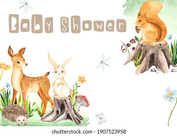 Watercolor Woodland Baby Shower Invitation With Cute  Little Forest Animals For Kids. 