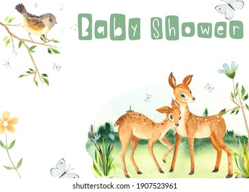 Watercolor Woodland Baby Shower Invitation With Cute  Little Forest Animals For Kids. 