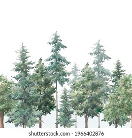 Watercolor woodland repeating border. Seamless wallpaper design with forest trees. Evergreen trees, oak, fir natural background